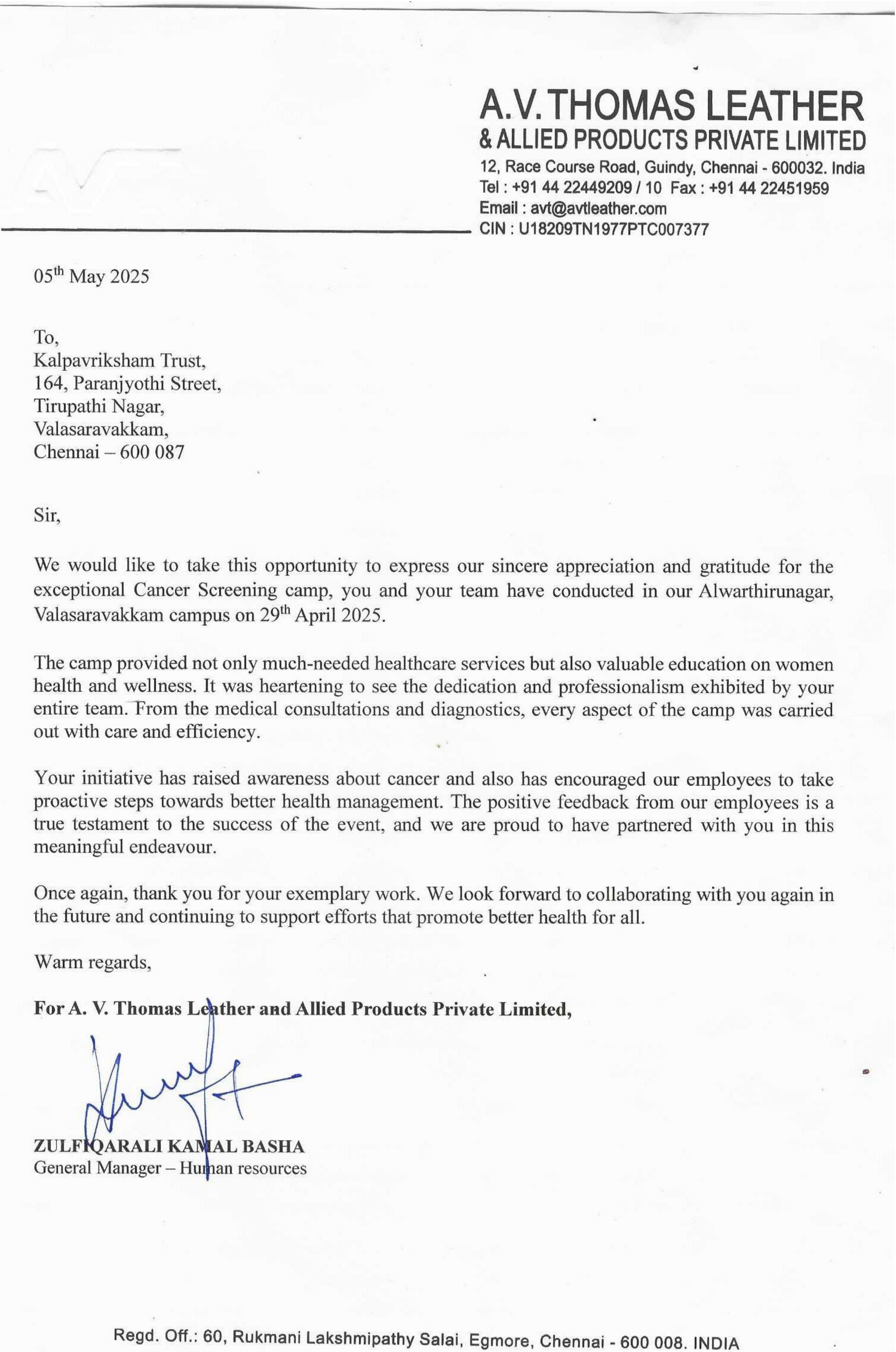 Appreciation Letter From AVT Valasaravakkam
