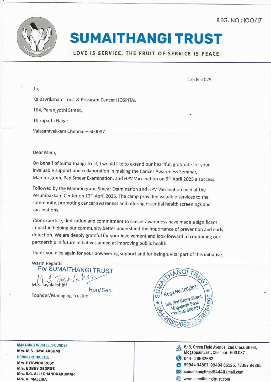 Appreciation Letter From Sumaithangi Trust