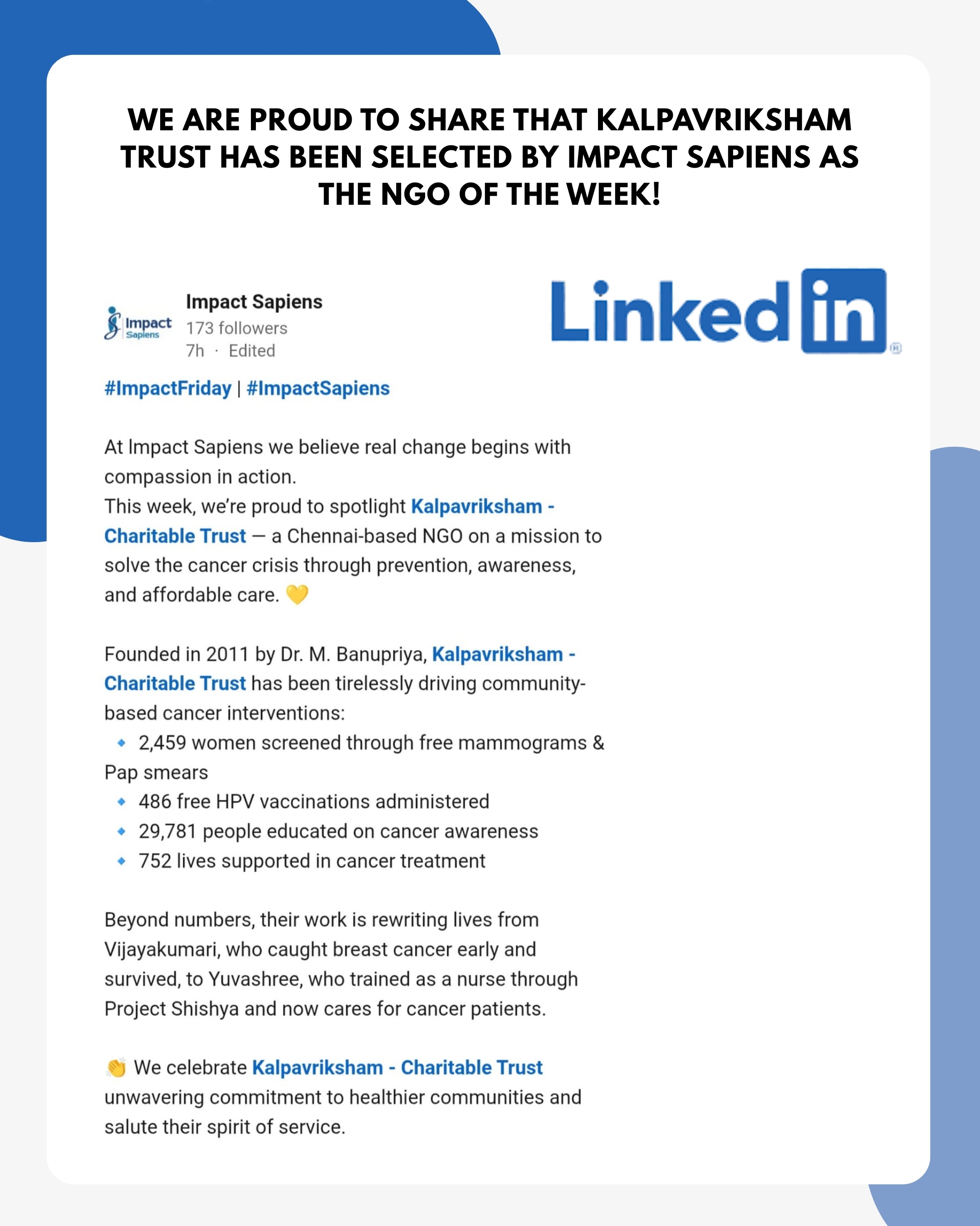 Kalpavriksham Trust Honored as NGO of the Week by Impact Sapiens!